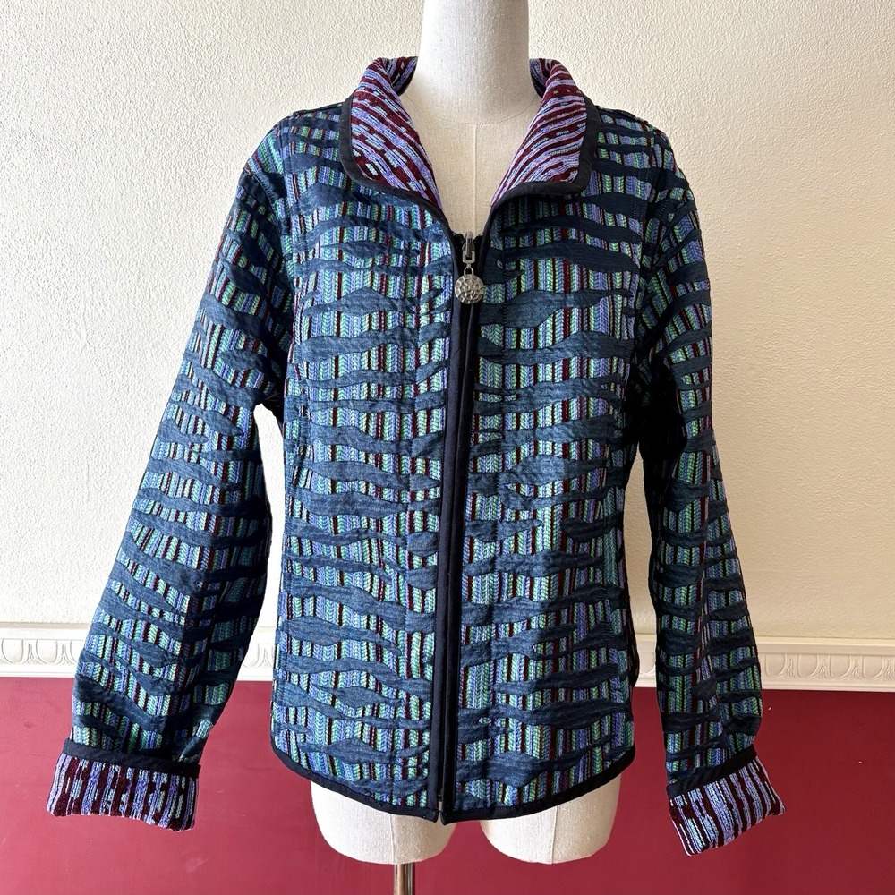 NEW Trimdin reversible zip front tapestry jacket teal‎ & burgundy